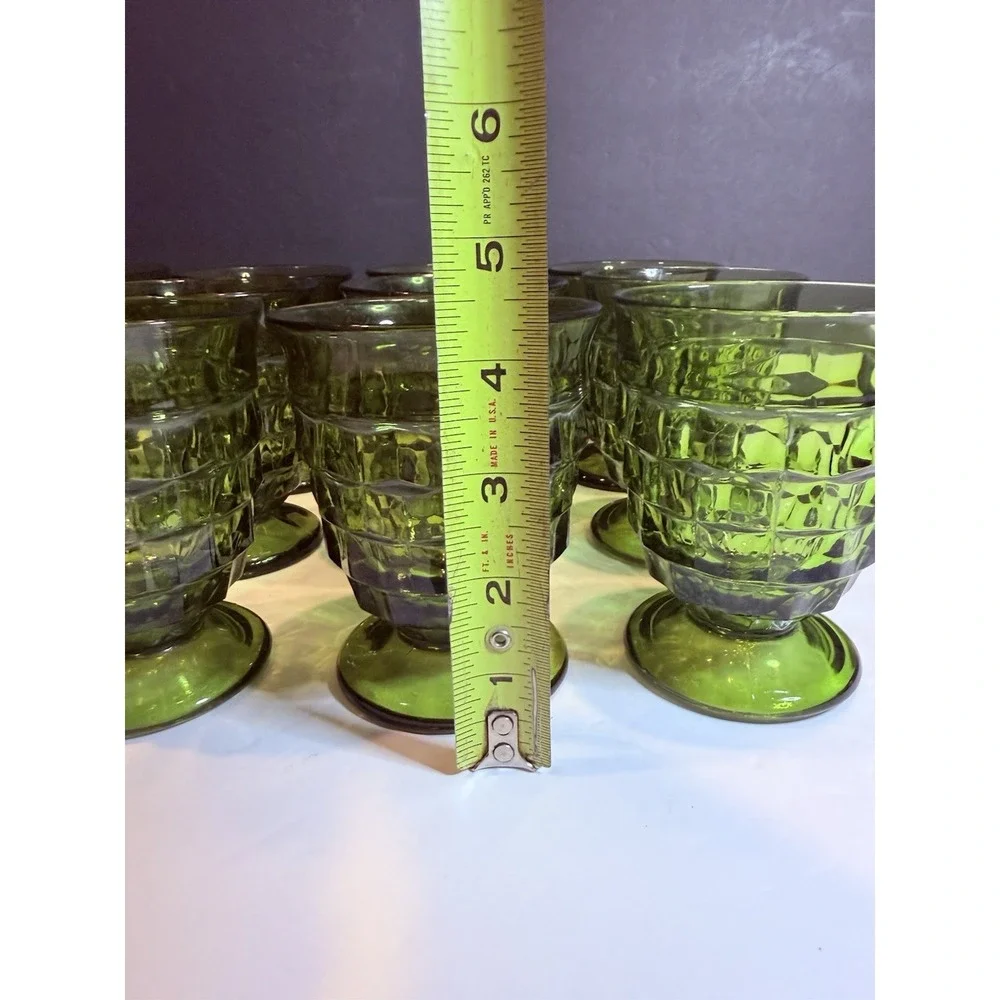 Vtg Indiana Glass Whitehall Cubist Olive Green Set of 12 Pedestal Water Goblets